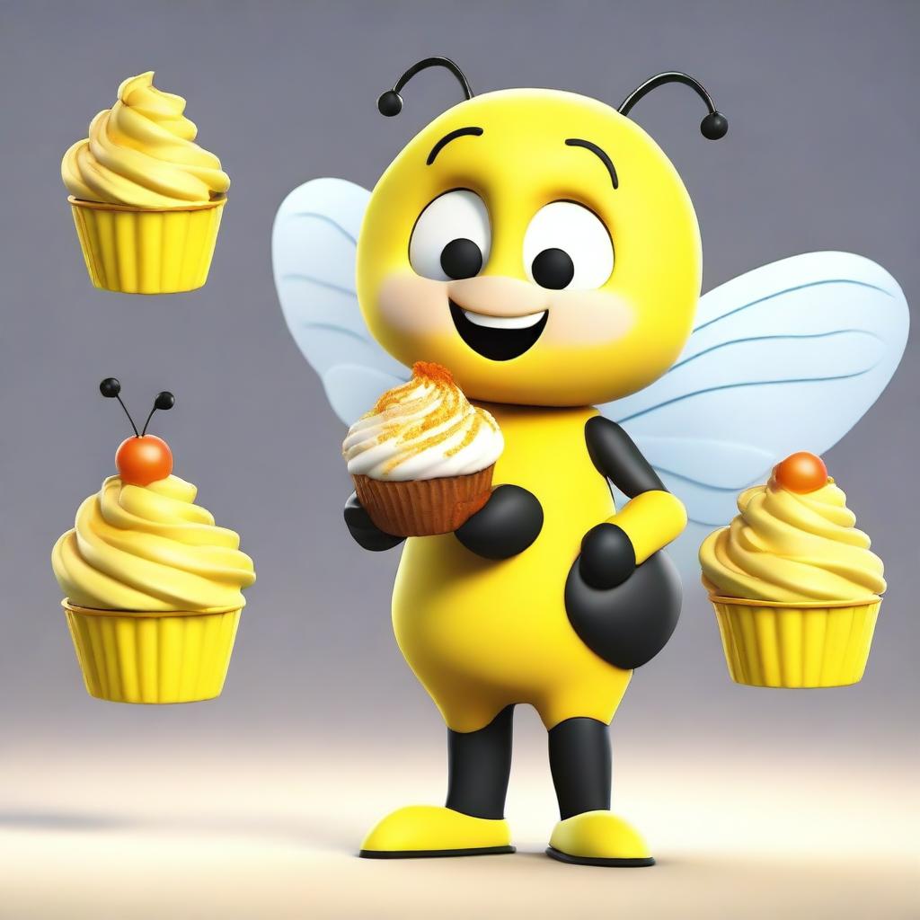 3D model of a charming cartoon bee in a yellow outfit holding a cupcake, incorporating ilya kuvshinov's screen tones, Seth MacFarlane's character charm, meticulous photorealistic aspects inspired by still lifes, and the illustrative finesse of David Teniers the Younger