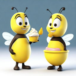 3D model of a charming cartoon bee in a yellow outfit holding a cupcake, incorporating ilya kuvshinov's screen tones, Seth MacFarlane's character charm, meticulous photorealistic aspects inspired by still lifes, and the illustrative finesse of David Teniers the Younger