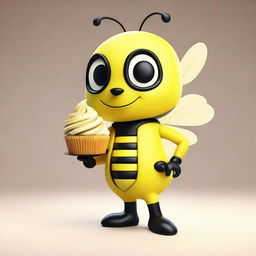 3D model of a charming cartoon bee in a yellow outfit holding a cupcake, incorporating ilya kuvshinov's screen tones, Seth MacFarlane's character charm, meticulous photorealistic aspects inspired by still lifes, and the illustrative finesse of David Teniers the Younger