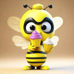 3D model of a charming cartoon bee in a yellow outfit holding a cupcake, incorporating ilya kuvshinov's screen tones, Seth MacFarlane's character charm, meticulous photorealistic aspects inspired by still lifes, and the illustrative finesse of David Teniers the Younger