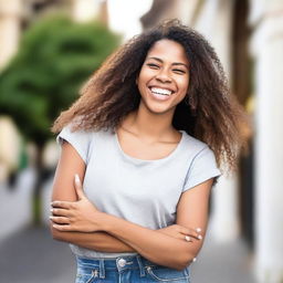 A joyous 28-year-old woman radiating happiness.