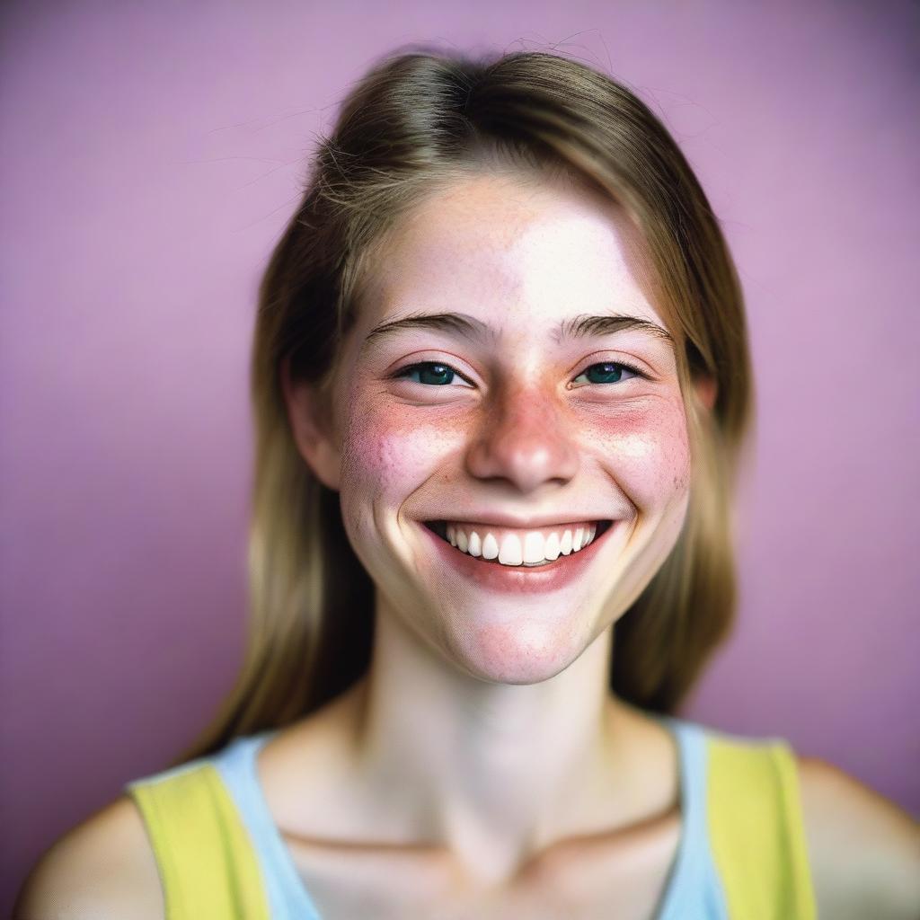 Color photograph of a cheerful 22-year-old woman, with visible skin imperfections, exuding authenticity.