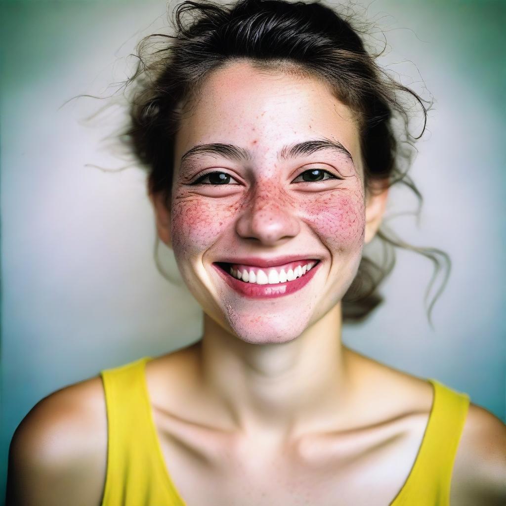 Color photograph of a cheerful 22-year-old woman, with visible skin imperfections, exuding authenticity.