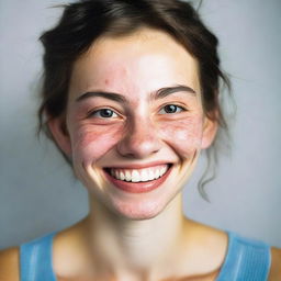 Color photograph of a cheerful 22-year-old woman, with visible skin imperfections, exuding authenticity.