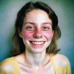 Color photograph of a cheerful 22-year-old woman, with visible skin imperfections, exuding authenticity.