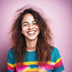 Vibrant color photograph of a joyful 22-year-old woman, brimming with positivity.