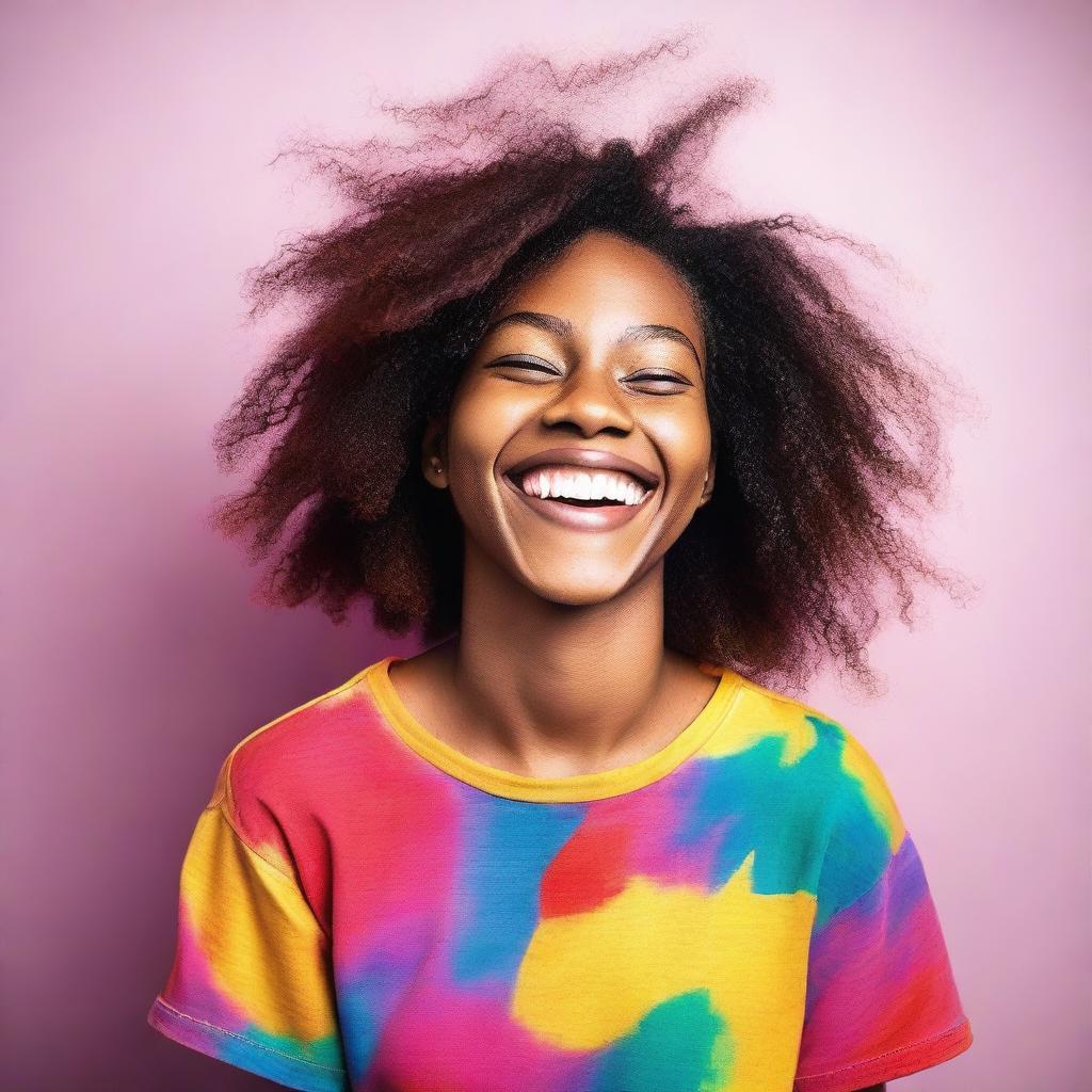 Vibrant color photograph of a joyful 22-year-old woman, brimming with positivity.