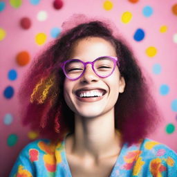 Vibrant color photograph of a joyful 22-year-old woman, brimming with positivity.