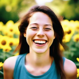 Color photographic portrayal of a joyful 24-year-old woman, radiating happiness.