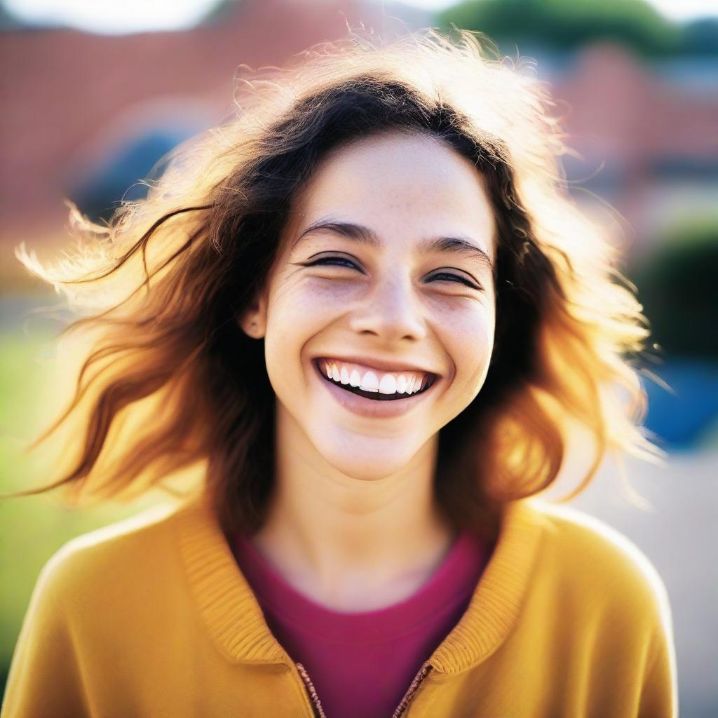 Color photographic portrayal of a joyful 24-year-old woman, radiating happiness.