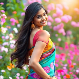 A stunning 19-year-old Tamil girl wearing a vibrant half saree, showcasing her graceful figure and revealing her hip elegantly
