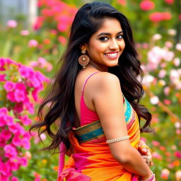 A stunning 19-year-old Tamil girl wearing a vibrant half saree, showcasing her graceful figure and revealing her hip elegantly