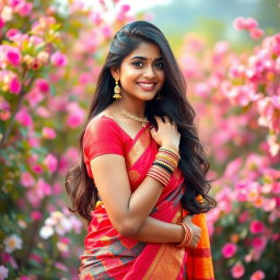 A stunning 19-year-old Tamil girl wearing a vibrant half saree, showcasing her graceful figure and revealing her hip elegantly