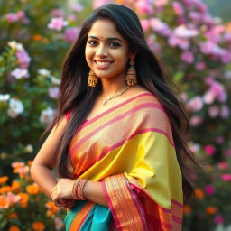A stunning 19-year-old Tamil girl wearing a vibrant half saree, showcasing her graceful figure and revealing her hip elegantly
