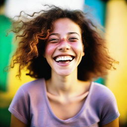 Color photographic portrayal of a joyful 24-year-old woman, radiating happiness.