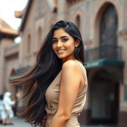 A beautiful Iranian woman with long, flowing dark hair, wearing a stylish and elegant outfit that highlights her curves
