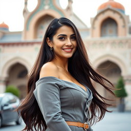 A beautiful Iranian woman with long, flowing dark hair, wearing a stylish and elegant outfit that highlights her curves