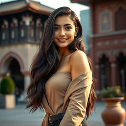 A beautiful Iranian woman with long, flowing dark hair, wearing a stylish and elegant outfit that highlights her curves
