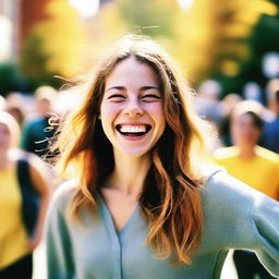 Color photographic portrayal of a joyful 24-year-old woman, radiating happiness.