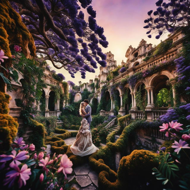 36K HD wide-angle shot taken with Panasonic Lumix G85: Lumix G Vario 30mm of Rococo-inspired Atlantis turned into Garden of Eden with wild roses, moss, and flowering hoyas on ancient structures under sunrise sky