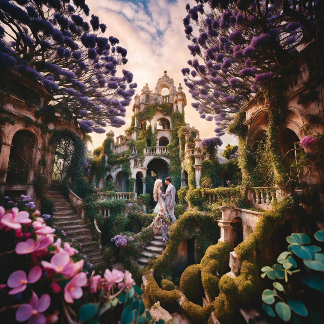 36K HD wide-angle shot taken with Panasonic Lumix G85: Lumix G Vario 30mm of Rococo-inspired Atlantis turned into Garden of Eden with wild roses, moss, and flowering hoyas on ancient structures under sunrise sky