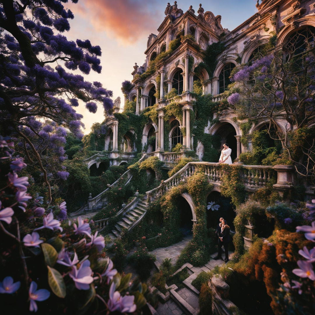 36K HD wide-angle shot taken with Panasonic Lumix G85: Lumix G Vario 30mm of Rococo-inspired Atlantis turned into Garden of Eden with wild roses, moss, and flowering hoyas on ancient structures under sunrise sky