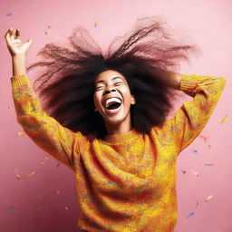 Colorful photographic image of a cheerful, 24-year-old woman, brightly emanating joy.