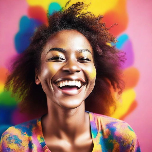 Colorful photographic image of a cheerful, 24-year-old woman, brightly emanating joy.