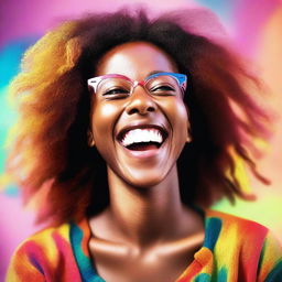 Colorful photographic image of a cheerful, 24-year-old woman, brightly emanating joy.