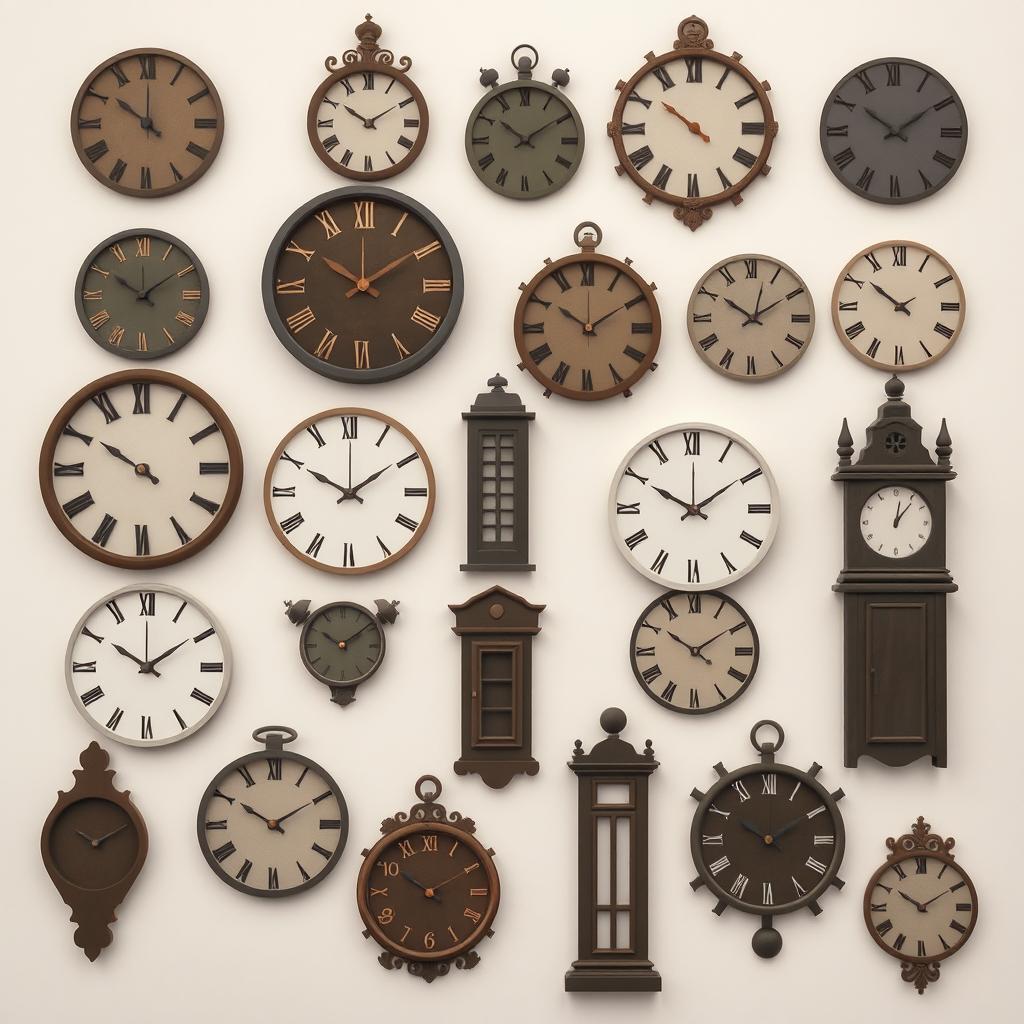 A striking arrangement of clocks in various sober colors, emphasized through their silhouettes