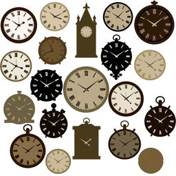 A striking arrangement of clocks in various sober colors, emphasized through their silhouettes