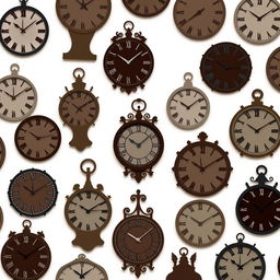 A striking arrangement of clocks in various sober colors, emphasized through their silhouettes