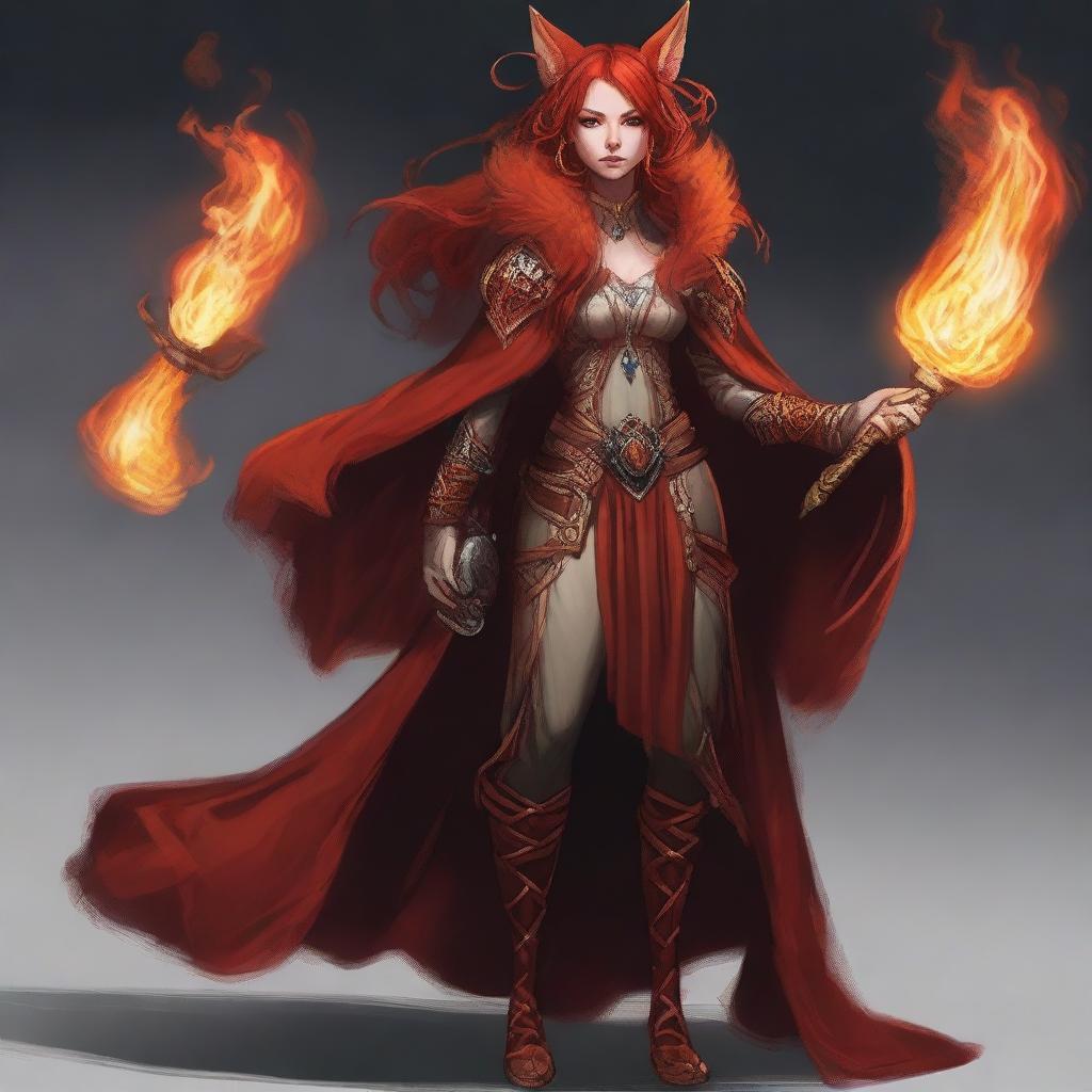 A menacing, lawful evil, flame-imbued half-elf cleric adorned in a fiery fox fur coat