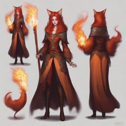 A menacing, lawful evil, flame-imbued half-elf cleric adorned in a fiery fox fur coat