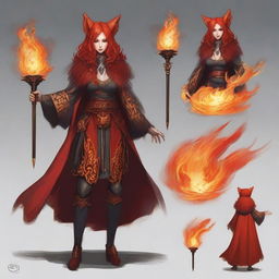 A menacing, lawful evil, flame-imbued half-elf cleric adorned in a fiery fox fur coat