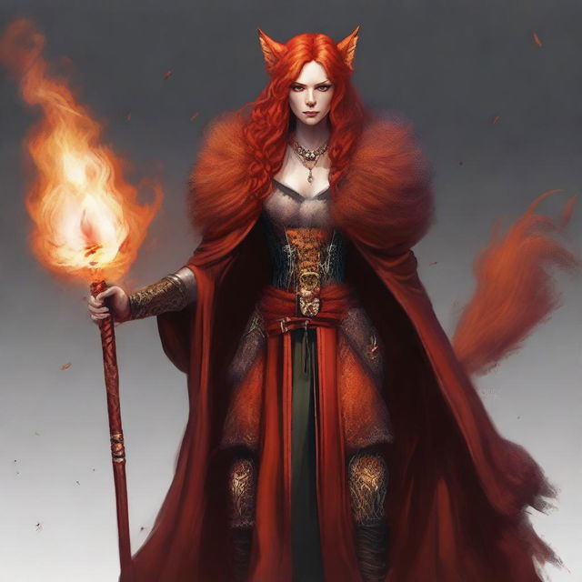 A menacing, lawful evil, flame-imbued half-elf cleric adorned in a fiery fox fur coat