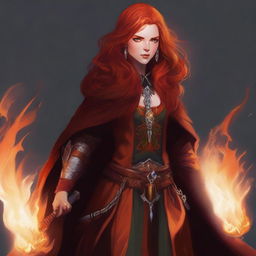 A fiery, red-haired, female half-elf cleric, exhibiting lawful evil alignment, shrouded in brilliant flames