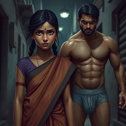 An Indian girl with a sad expression, wearing a traditional saree without the pallu draped elegantly around her