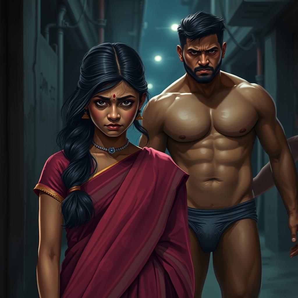 An Indian girl with a sad expression, wearing a traditional saree without the pallu draped elegantly around her