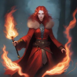 A fiery, red-haired, female half-elf cleric, exhibiting lawful evil alignment, shrouded in brilliant flames