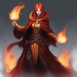 A fiery, red-haired, female half-elf cleric, exhibiting lawful evil alignment, shrouded in brilliant flames