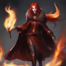 A fiery, red-haired, female half-elf cleric, exhibiting lawful evil alignment, shrouded in brilliant flames