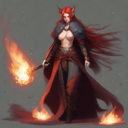 Depict a full-length lawful evil female half-elf cleric with red hair, sheathed in flames