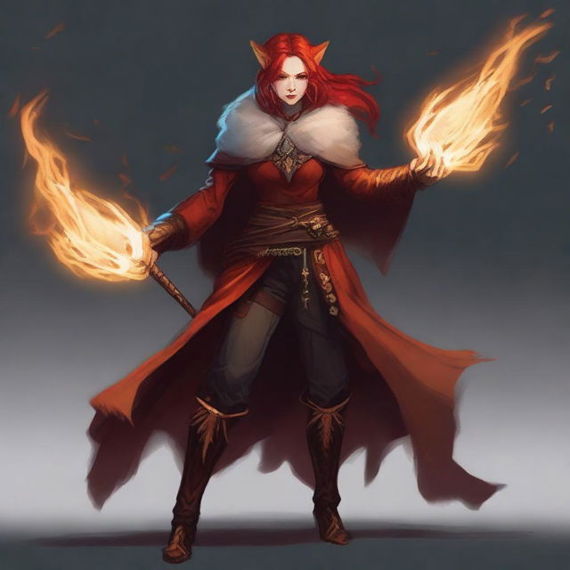 Depict a full-length lawful evil female half-elf cleric with red hair, sheathed in flames