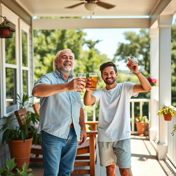 A warm and inviting scene depicting a 50-year-old father and his 20-year-old son-in-law on a cozy porch