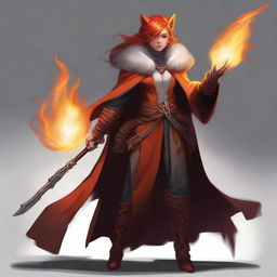 Depict a full-length lawful evil female half-elf cleric with red hair, sheathed in flames