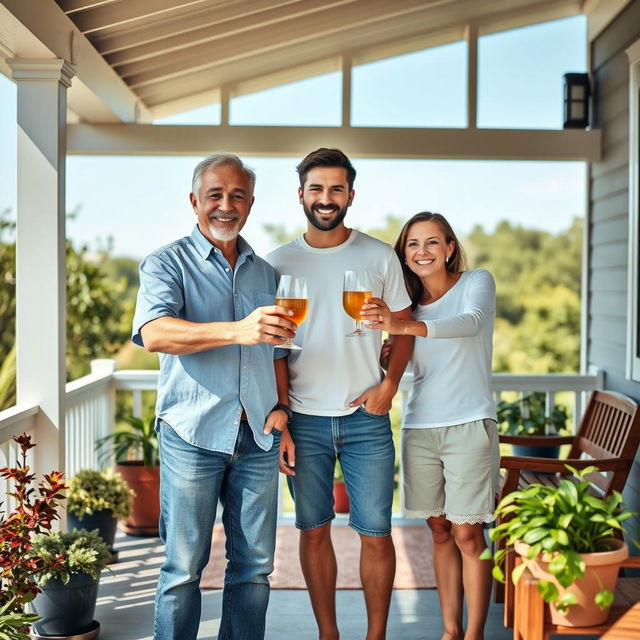 A warm and inviting scene depicting a 50-year-old father and his 20-year-old son-in-law on a cozy porch