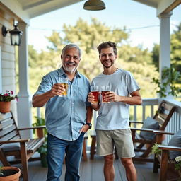 A warm and inviting scene depicting a 50-year-old father and his 20-year-old son-in-law on a cozy porch