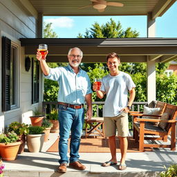 A warm and inviting scene depicting a 50-year-old father and his 20-year-old son-in-law on a cozy porch