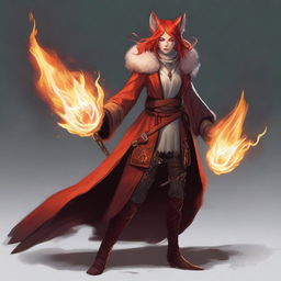 Depict a full-length lawful evil female half-elf cleric with red hair, sheathed in flames